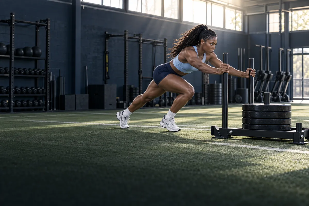 AI-generated illustration: female athlete pushing a weighted sled