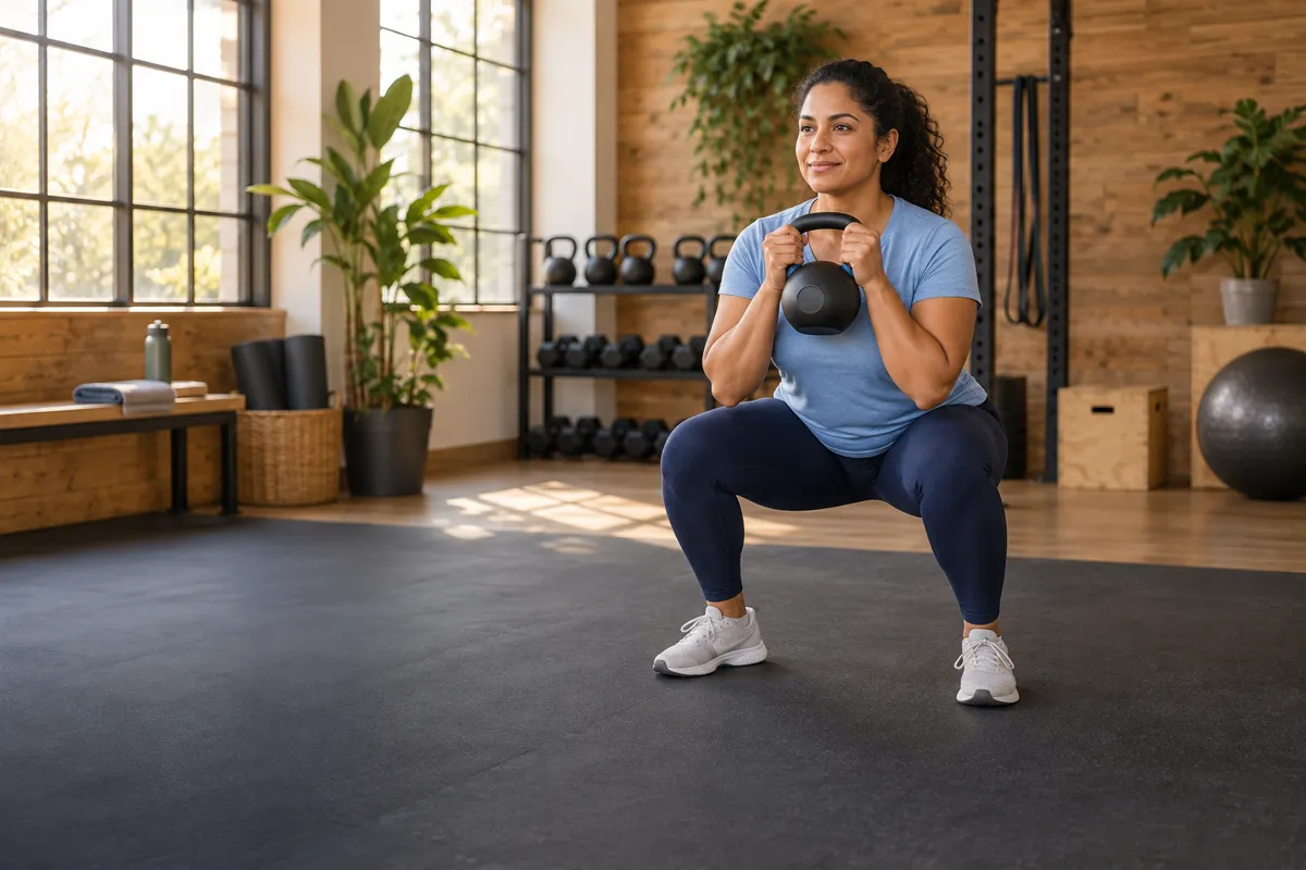 AI-generated illustration: woman practicing a kettlebell goblet squat