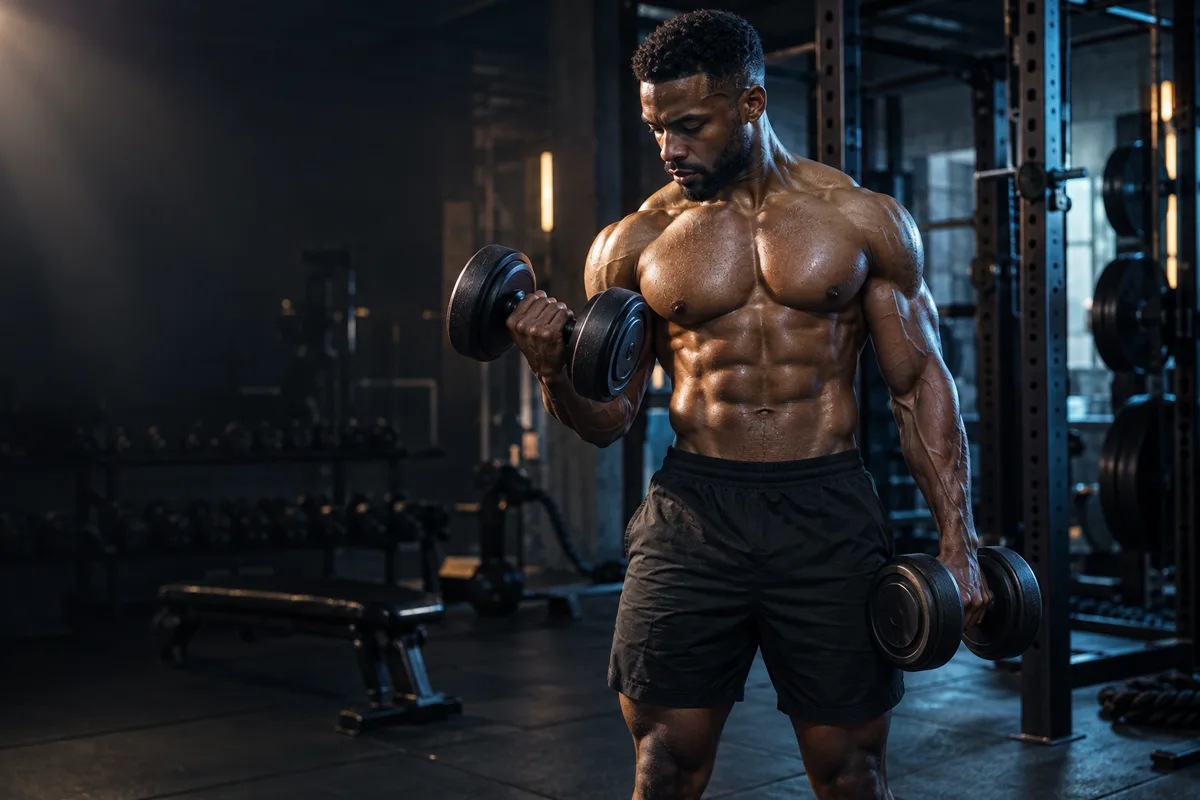 AI-generated illustration: lean muscular male athlete lifting dumbbells