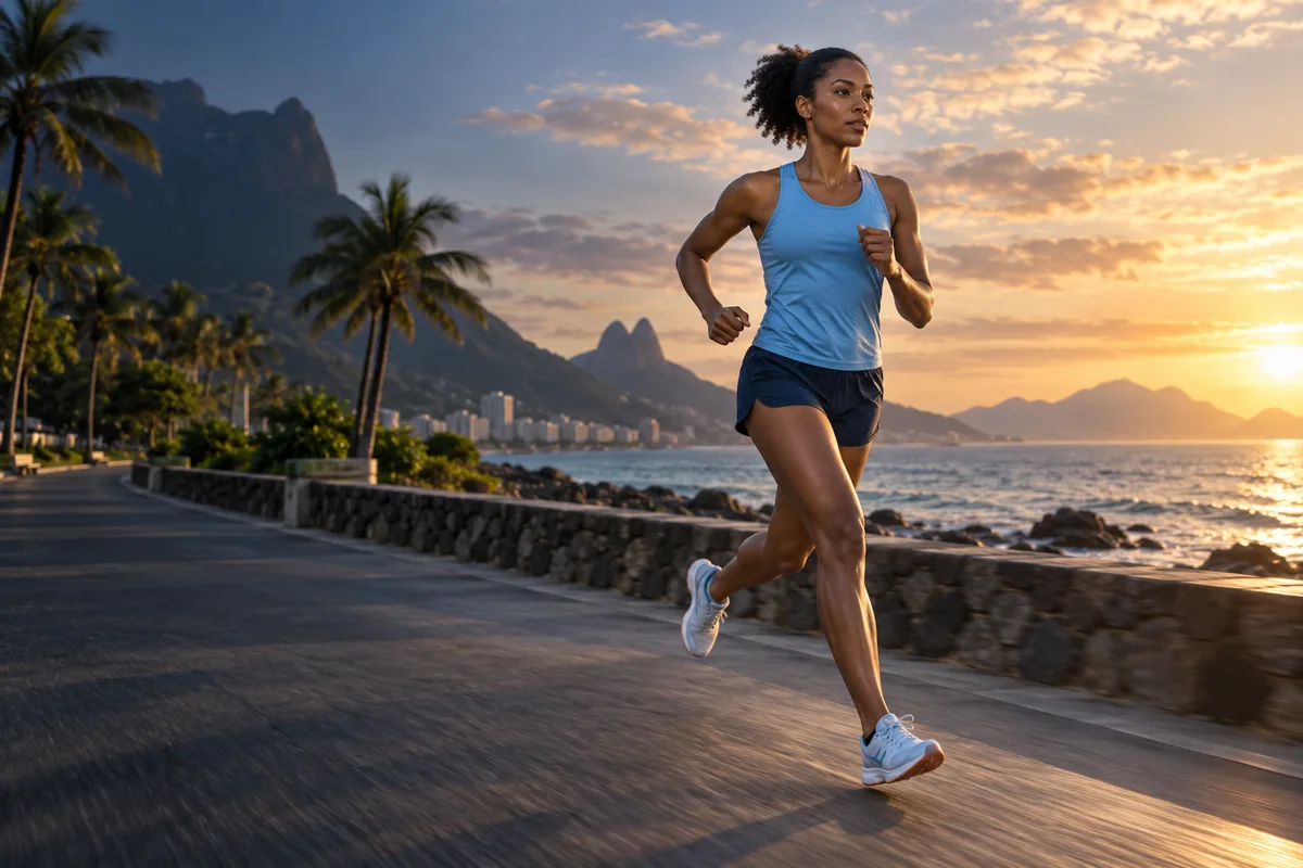 AI-generated illustration: woman running on a coastal promenade