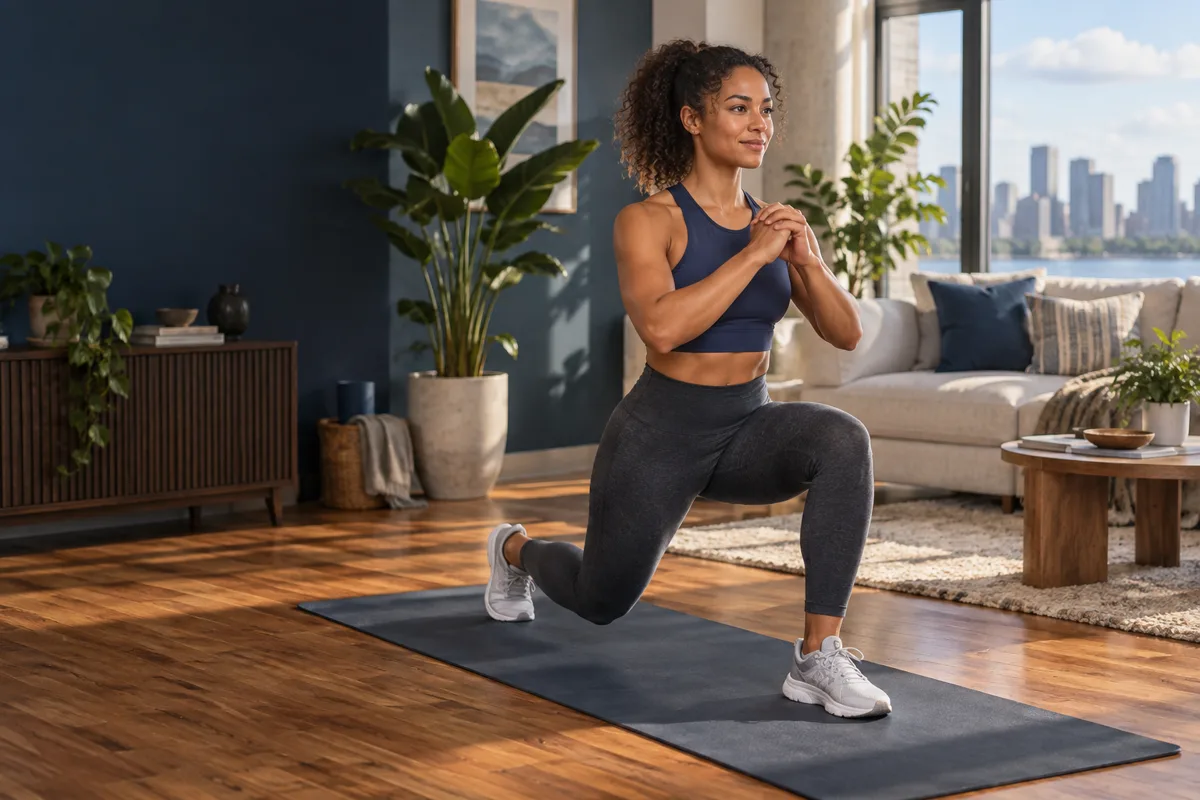 AI-generated illustration: woman performing a bodyweight lunge at home