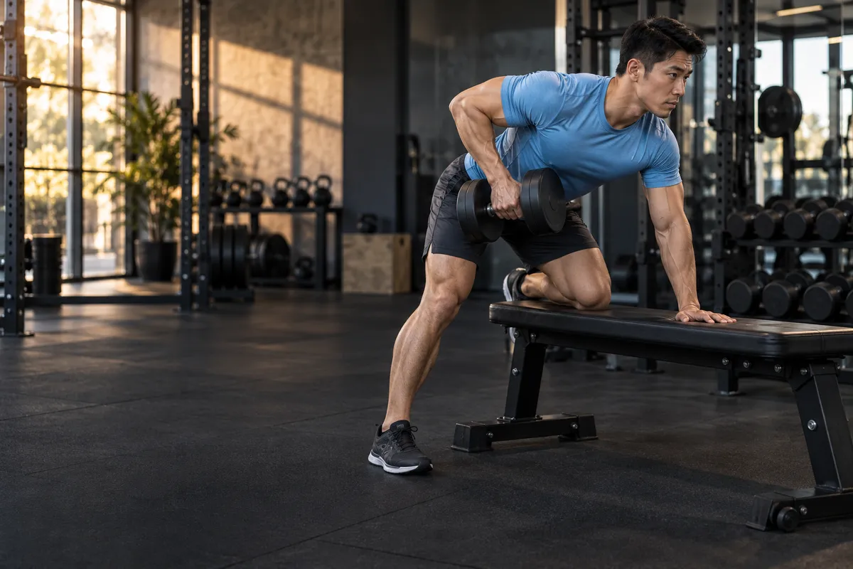 AI-generated illustration: male athlete performing a dumbbell row