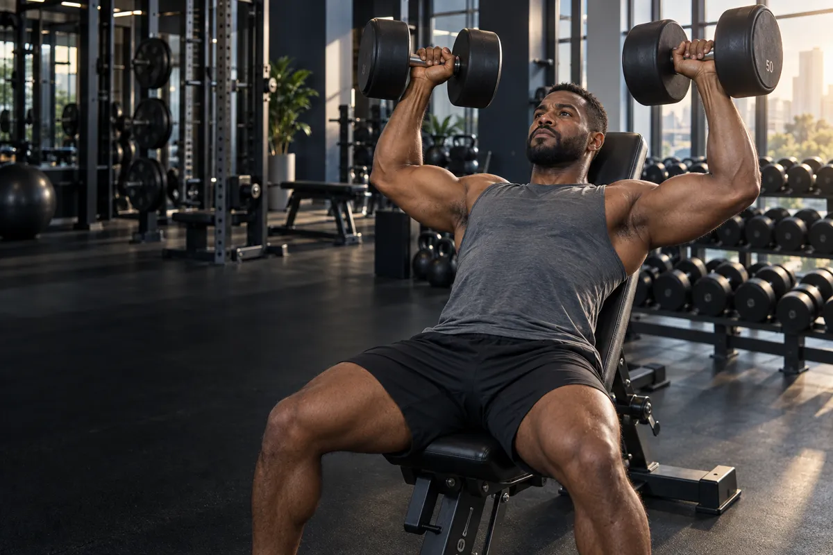 AI-generated illustration: male athlete performing an incline dumbbell press