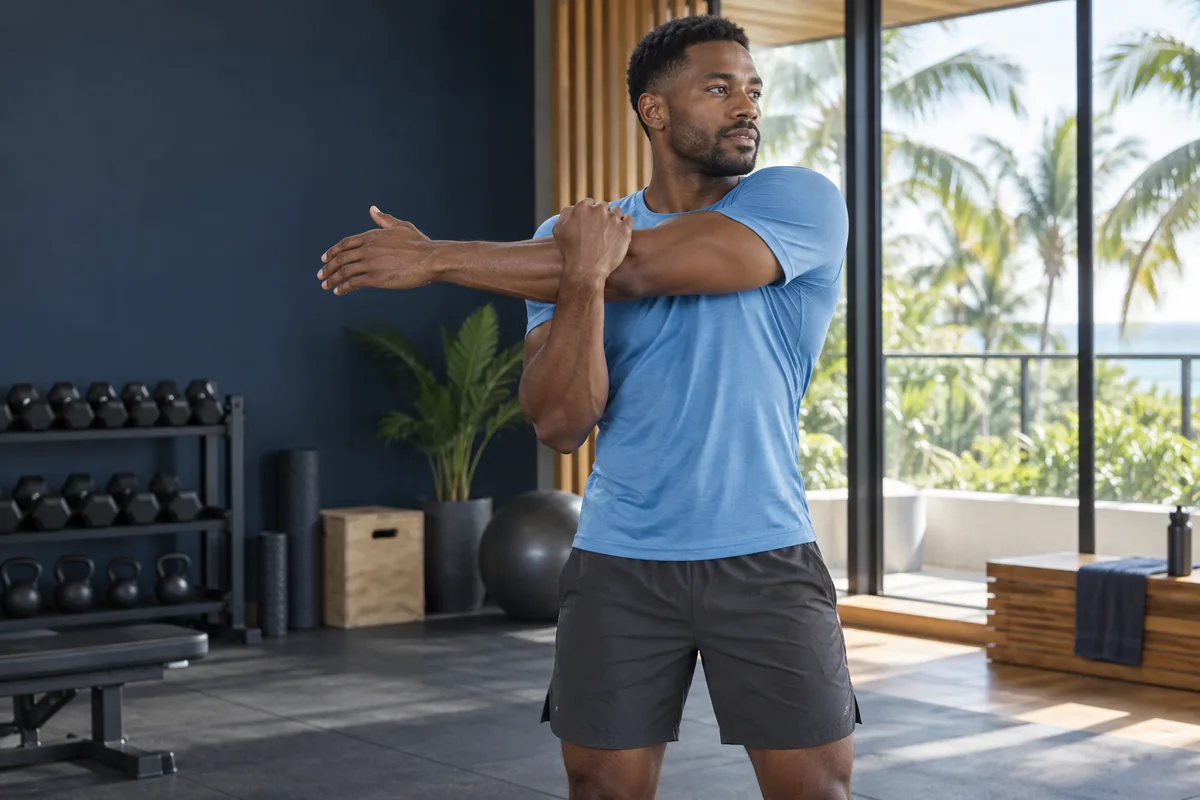 AI-generated illustration: man stretching his shoulder in a studio