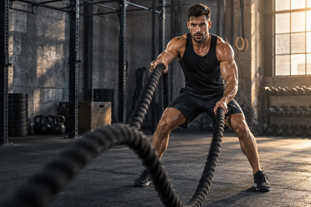 AI-generated illustration: male athlete training with battle ropes