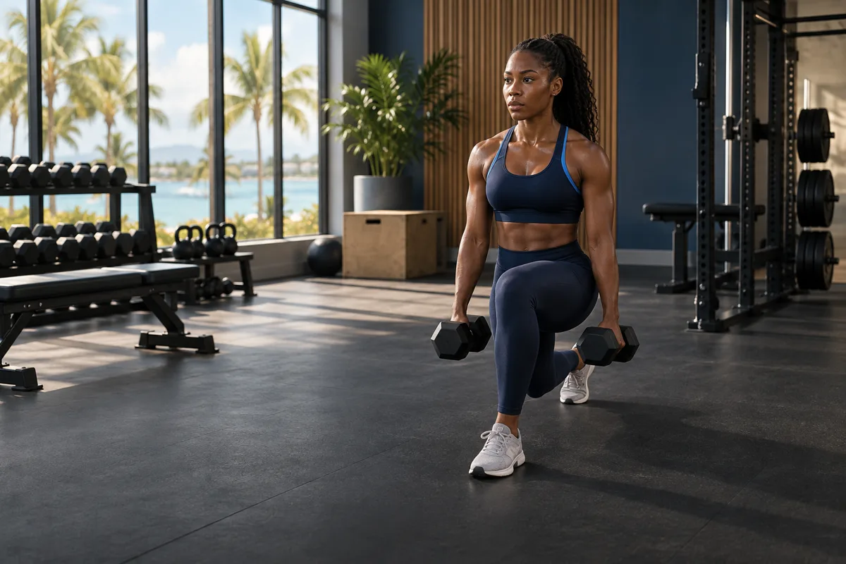 AI-generated illustration: woman performing a weighted lunge in a studio
