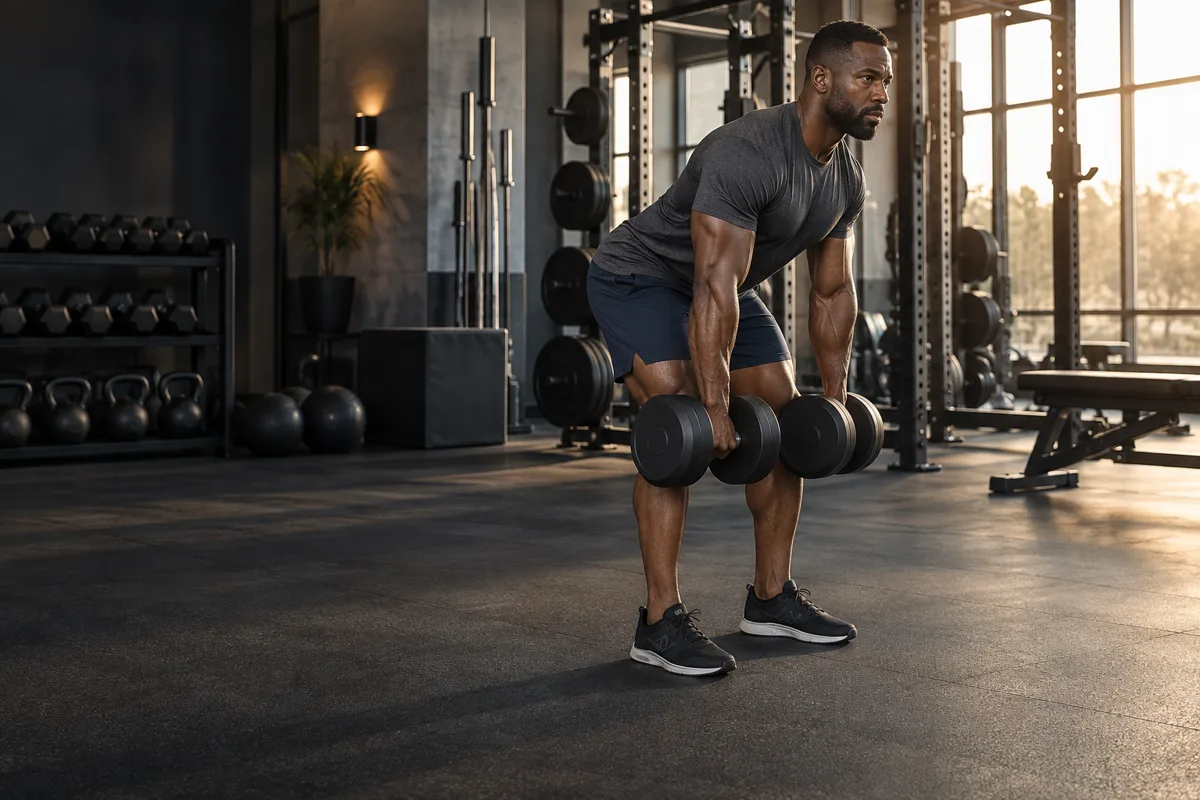 AI-generated illustration: male athlete training with heavy dumbbells