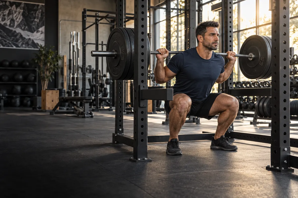 AI-generated illustration: male athlete performing a barbell squat
