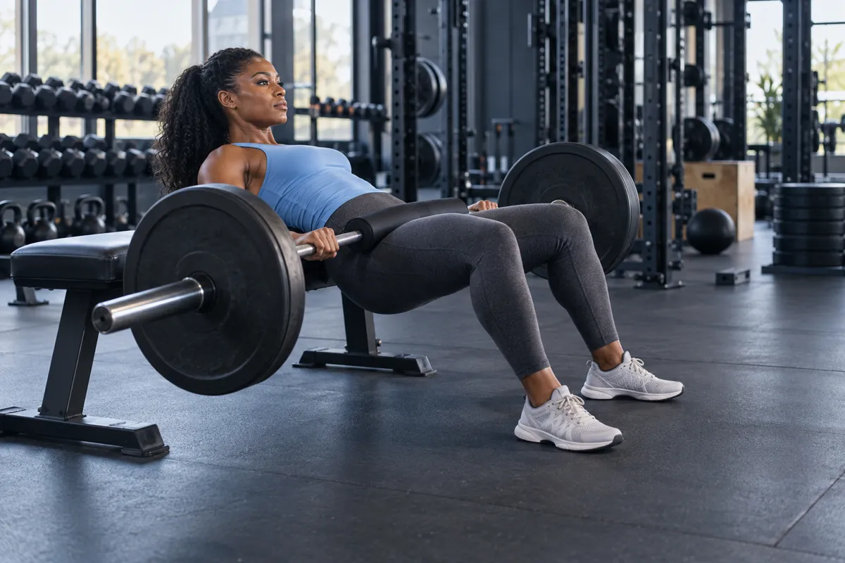 AI-generated athlete performing a barbell hip thrust in a strength gym